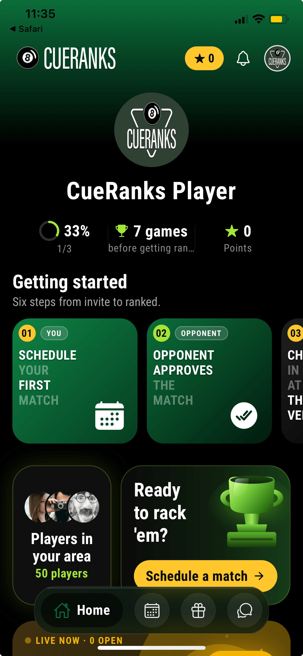 CueRanks player home screen showing getting started progress, players in your area, and a Schedule a match CTA