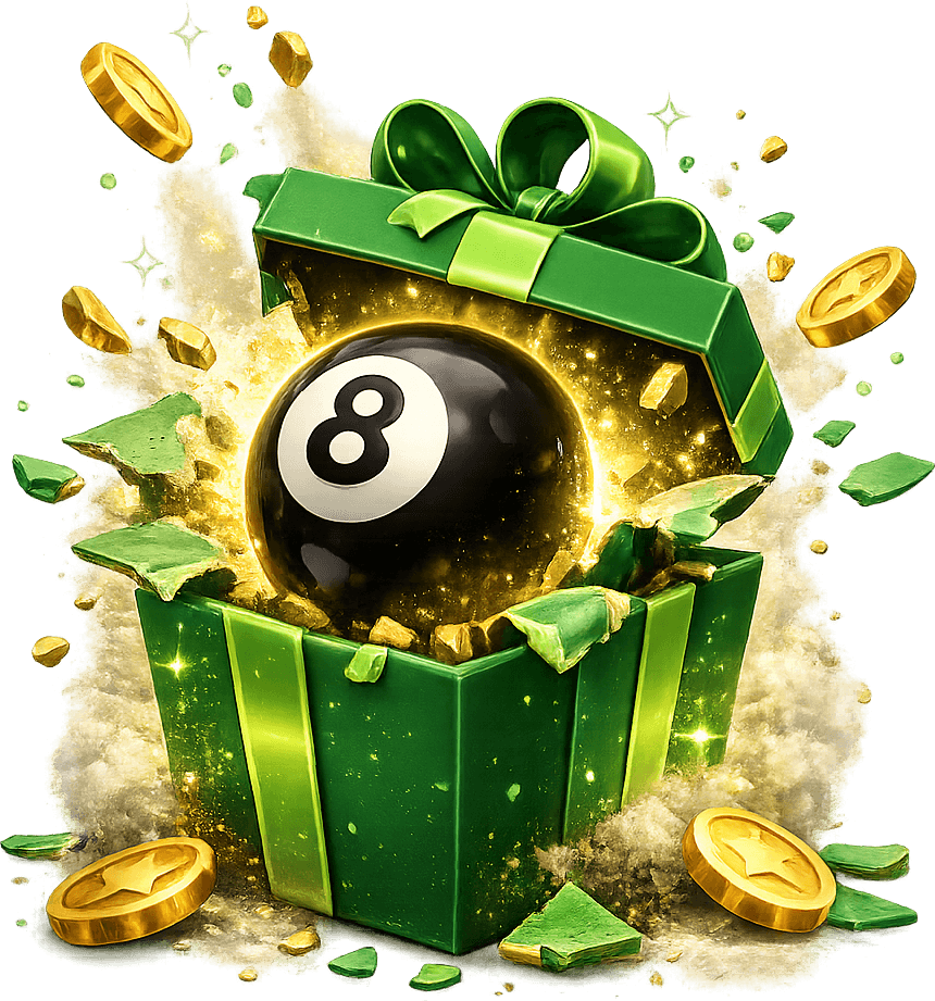 CueRanks gift box bursting open with the 8-ball and gold coins